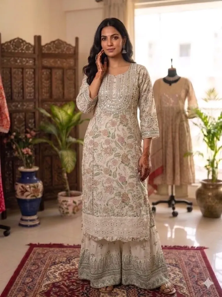 Pastel Ivory Floral Sharara Set