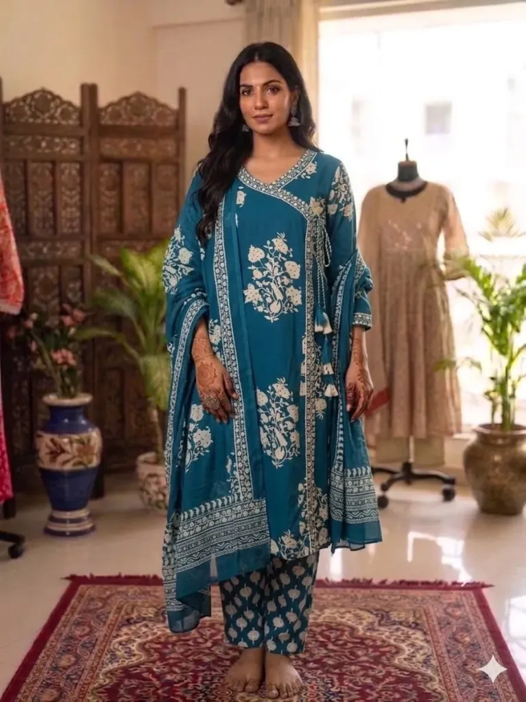 Teal Angrakha Floral Suit